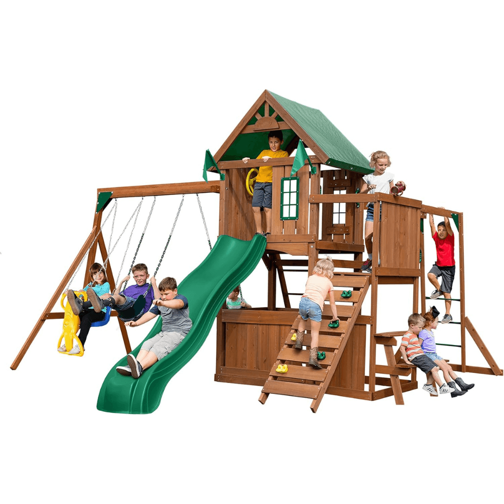 suzuuuen-product-98-image-1 Knightsbridge Plus Complete Wooden Outdoor Playset with Monkey Bars, Slide, Rock Wall and Swing Set Accessories - Image 1